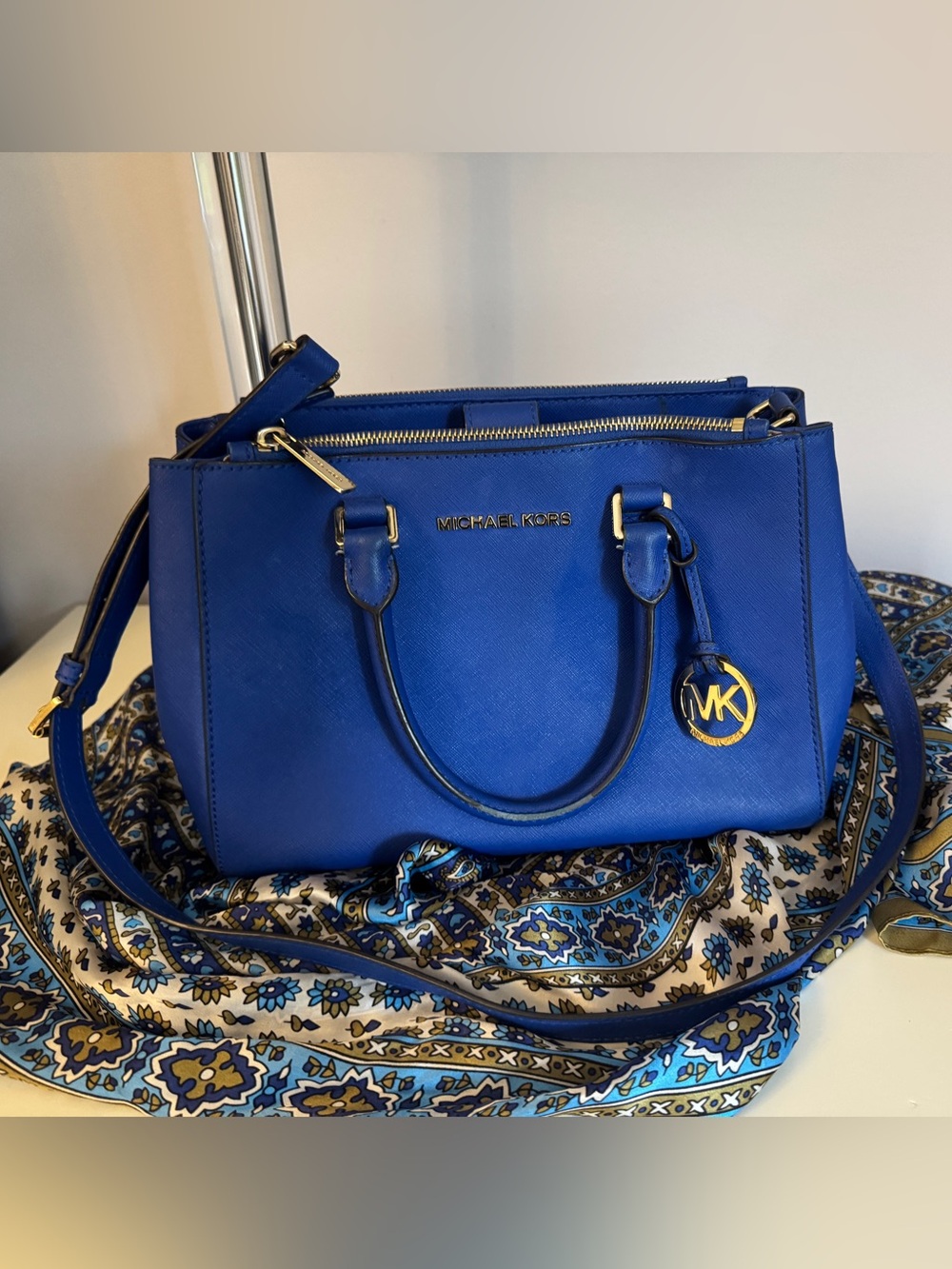 Michael Kors Royal Blue Saffiano Leather Satchel with Gold Hardware